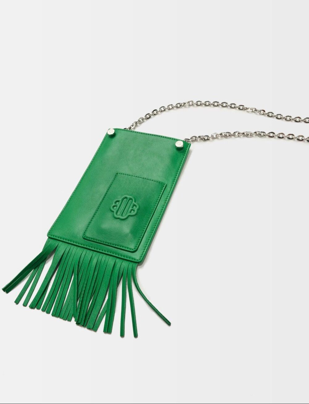 Maje Leather Fringe Phone Bag in Casino Green